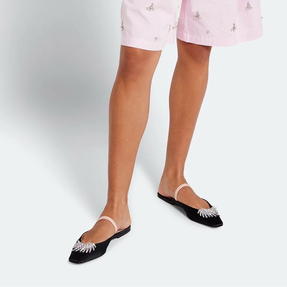 Piferi Drizella Crystal Embellished Slingback Flat,Satin Square Toe Rhinestone - Picture 3 of 16